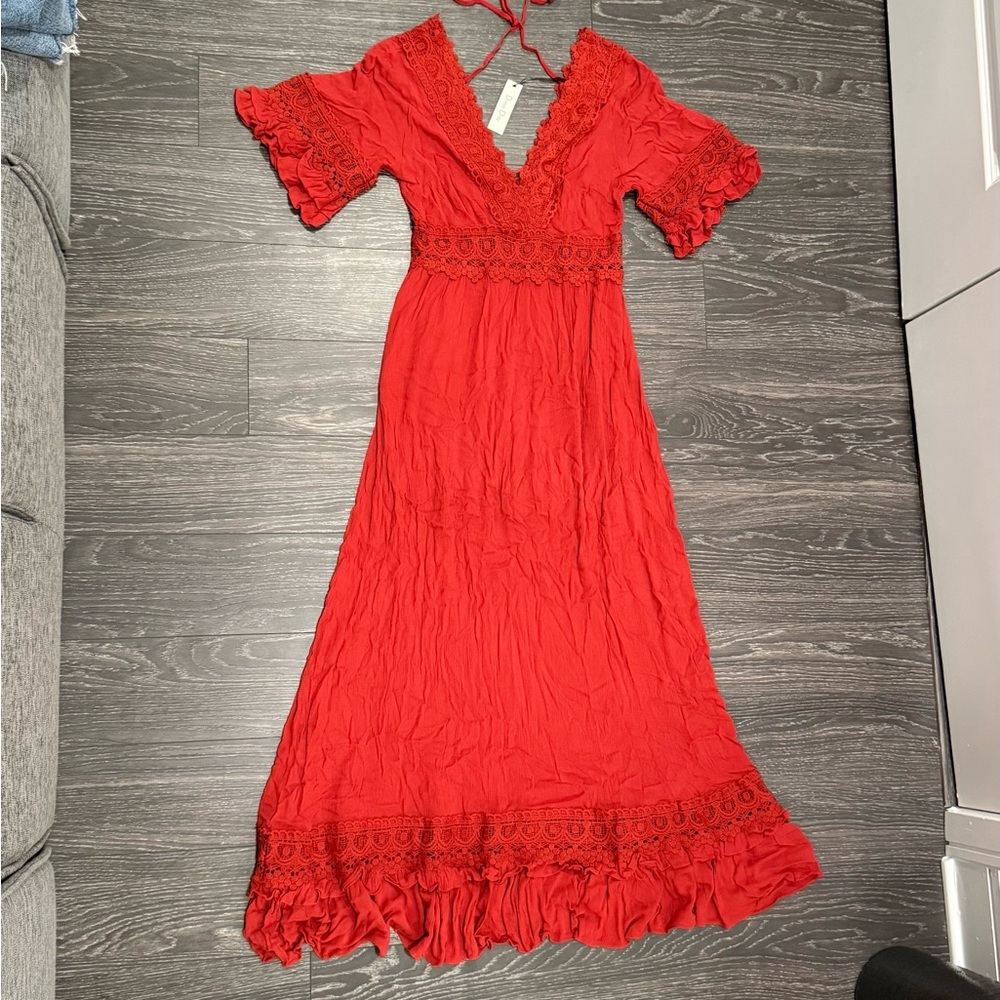 NEW!!! Burnt Orange Maxi Dress with Lace Details (L)